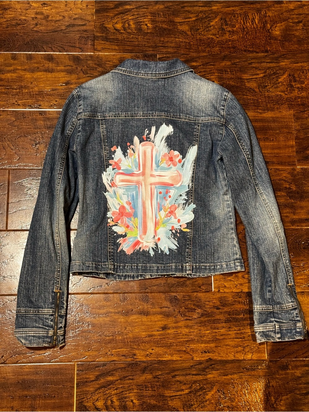 Y2K Vintage DKNY Jeans Full Zip Denim Jacket Hand Painted Cross Design Size 5
